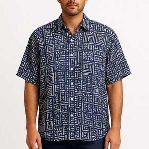 Vintage Burma Bibas Men’s Size Large Blue/White Tribal Print 100% Silk Shirt